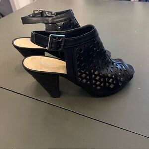 Chinese Laundry Black Laser-Cut Peep-Toe Heels with Ankle Strap